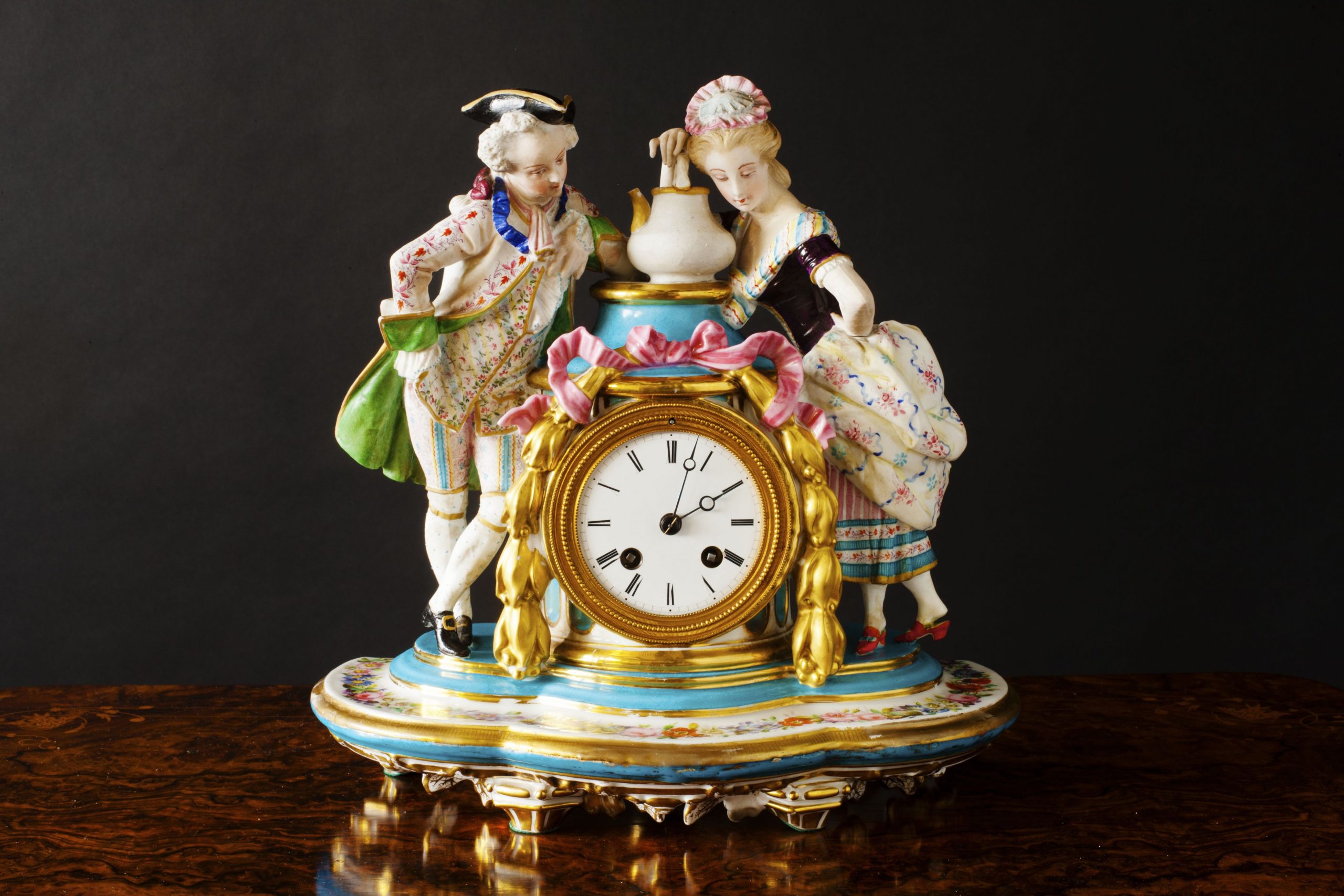 French Porcelain and Bisque Mantel Clock Olde Time Antique Clocks and
